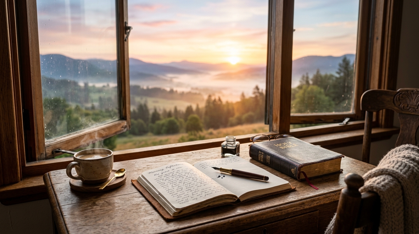 Morning writing desk with journal and Bible at sunrise